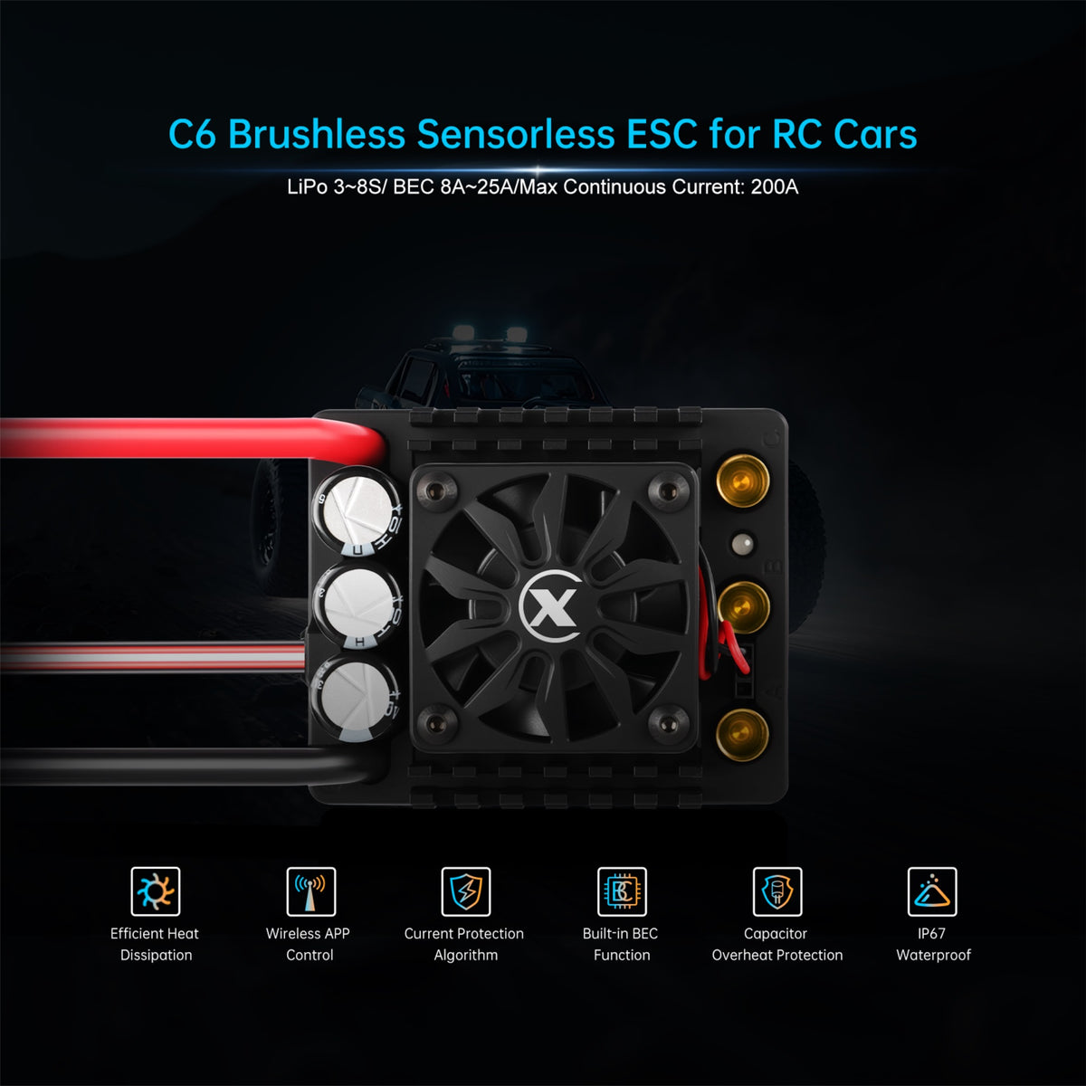 XC-ESC C6 200A Brushless ESC for 3-8S LiPo RC Cars with Bluetooth App Tuning & Adjustable BEC