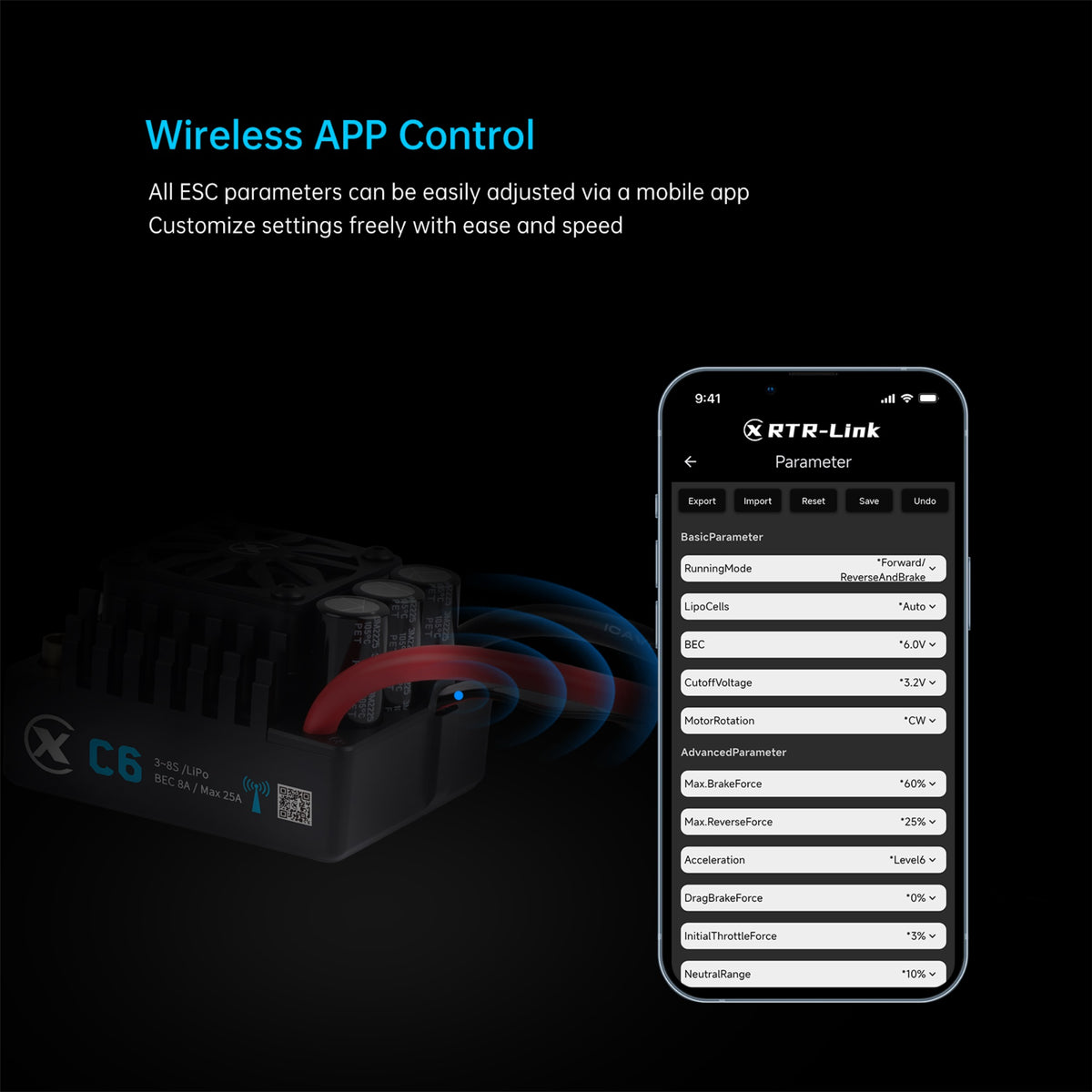 XC-ESC C6 200A Brushless ESC for 3-8S LiPo RC Cars with Bluetooth App Tuning & Adjustable BEC
