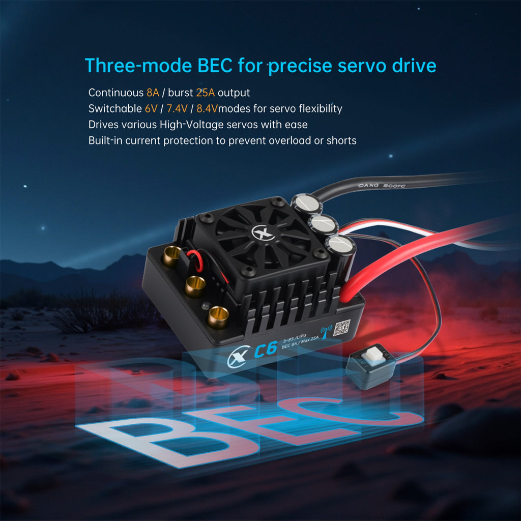 XC-ESC C6 200A Brushless ESC for 3-8S LiPo RC Cars with Bluetooth App Tuning & Adjustable BEC