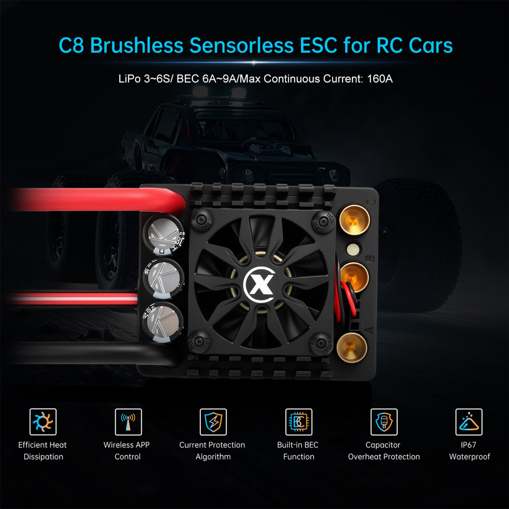 XC-ESC C8 160A Brushless ESC for 3-6S LiPo 1/8 RC Cars with Bluetooth App Tuning & Adjustable BEC