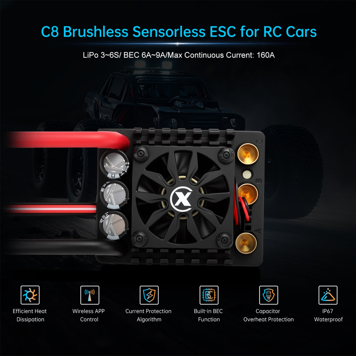 XC-ESC C8 160A Brushless ESC for 3-6S LiPo 1/8 RC Cars with Bluetooth App Tuning & Adjustable BEC