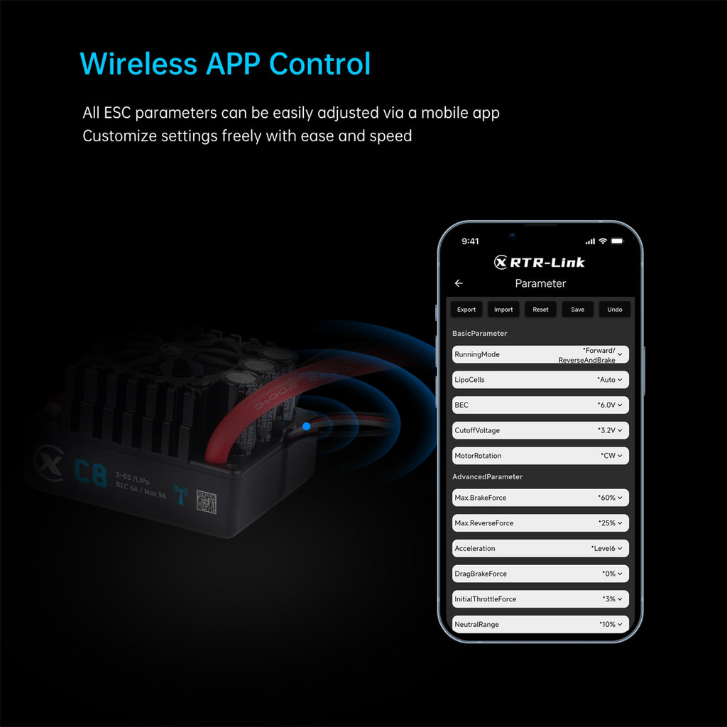 XC-ESC C8 160A Brushless ESC for 3-6S LiPo 1/8 RC Cars with Bluetooth App Tuning & Adjustable BEC