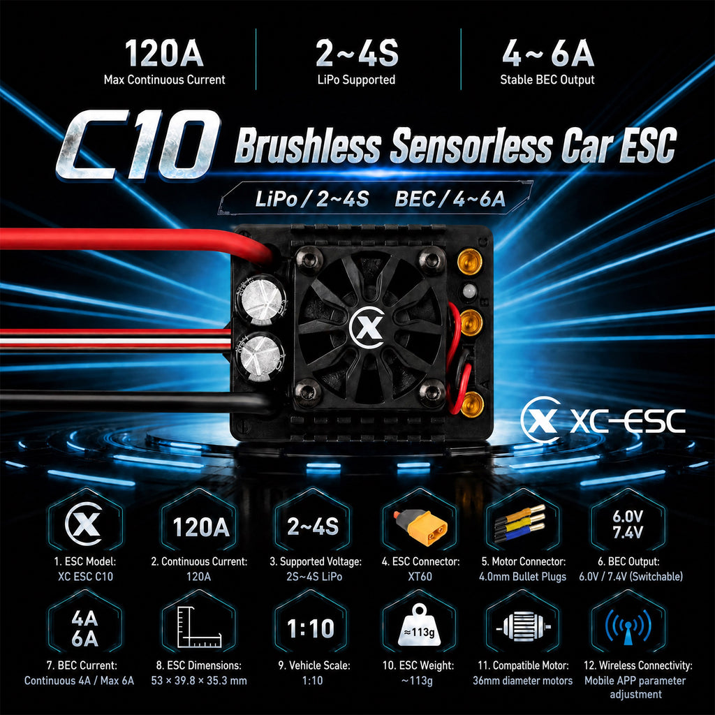 XC-ESC C10 120A Brushless ESC for 2-4S LiPo 1/10 RC Cars with Bluetooth App Tuning & Adjustable BEC