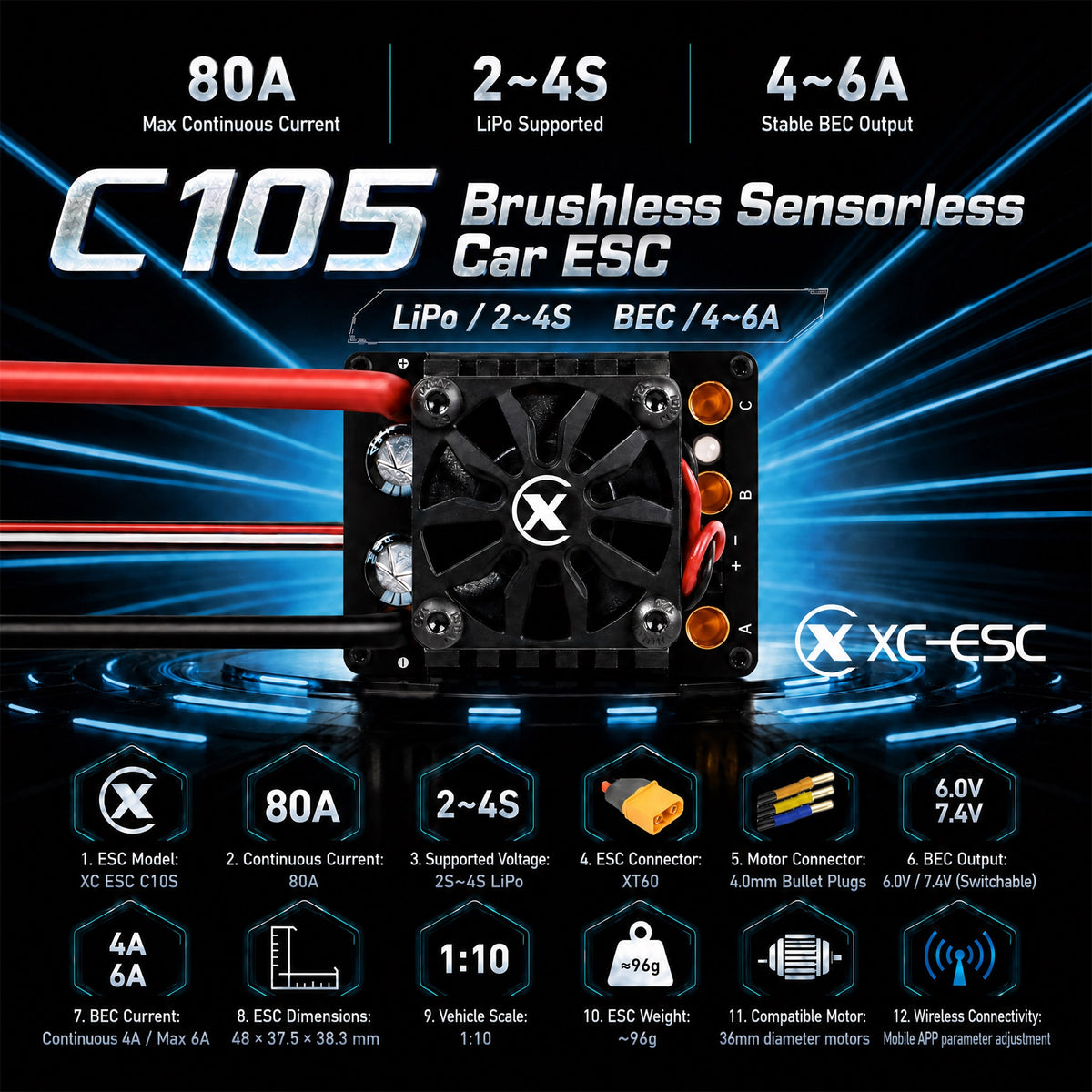 XC-ESC C10S 80A Brushless Sensorless ESC for 1/10 RC Cars with Bluetooth App Tuning & Adjustable BEC