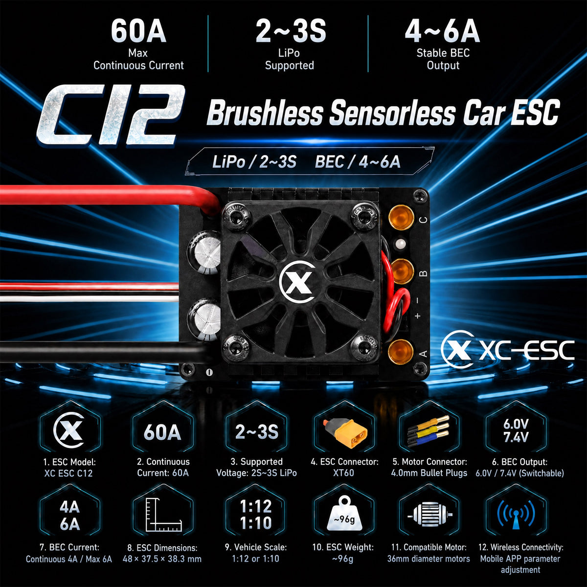 XC-ESC C12 60A Brushless ESC for 1/10 1/12 RC Cars with Bluetooth App Control & Adjustable BEC 2-3S LiPo