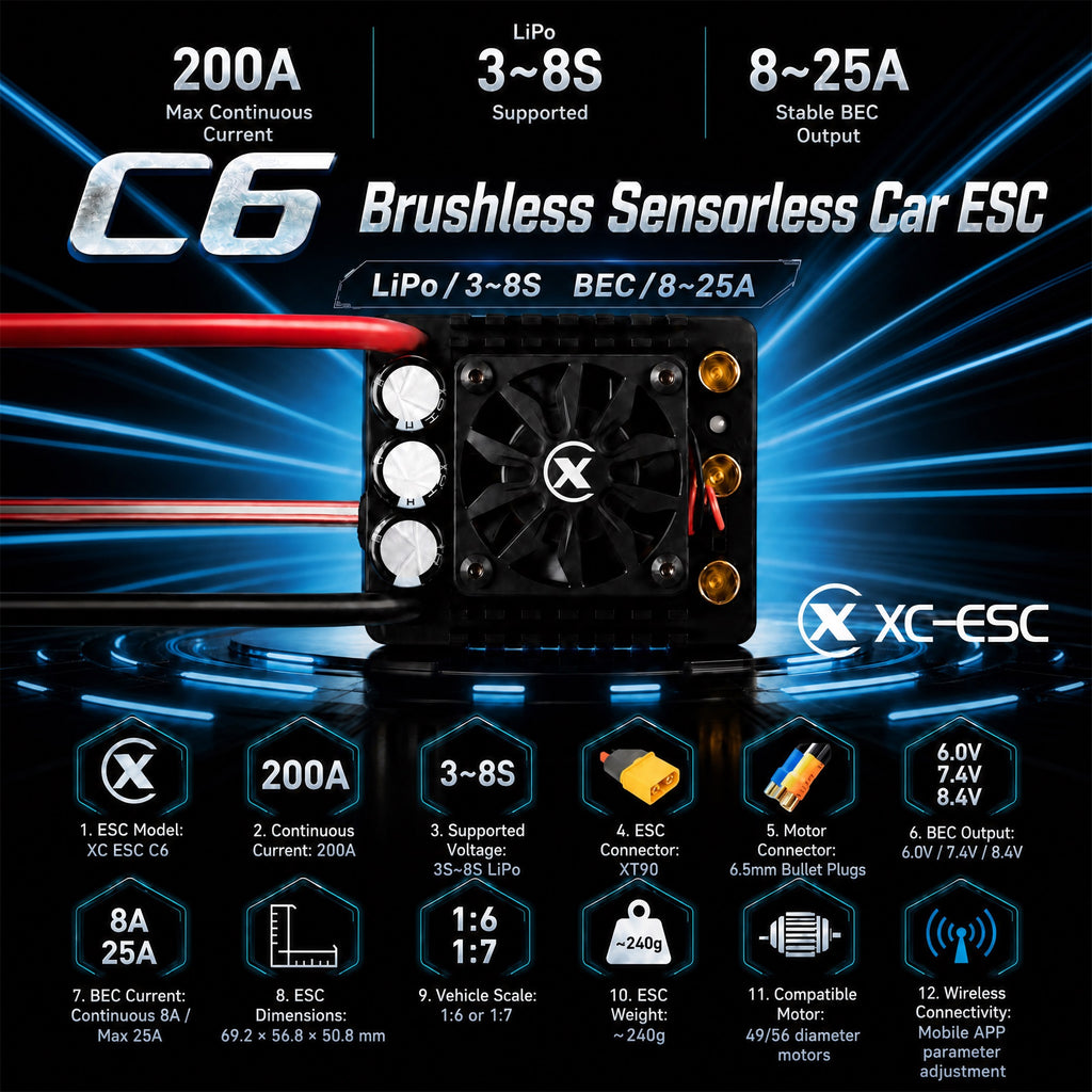 XC-ESC C6 200A Brushless ESC for 3-8S LiPo RC Cars with Bluetooth App Tuning & Adjustable BEC