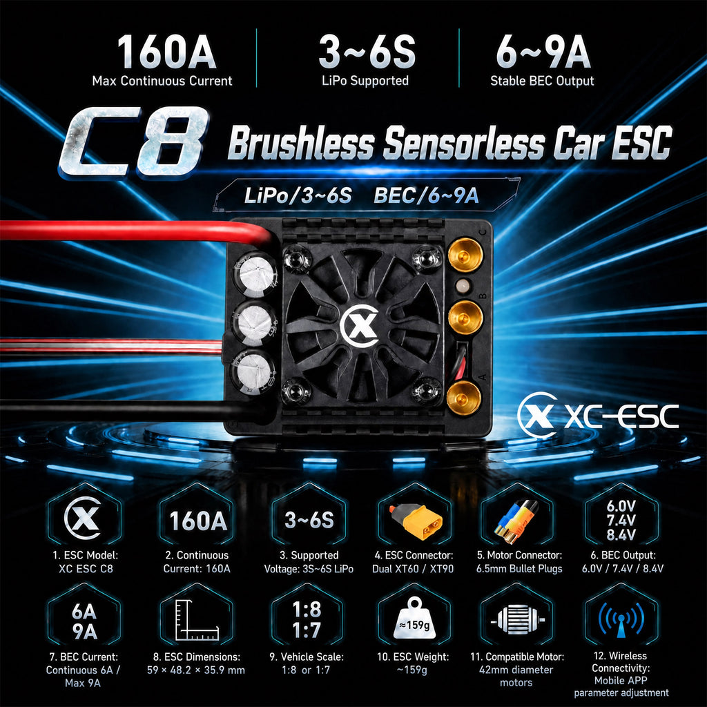 XC-ESC C8 160A Brushless ESC for 3-6S LiPo 1/8 RC Cars with Bluetooth App Tuning & Adjustable BEC
