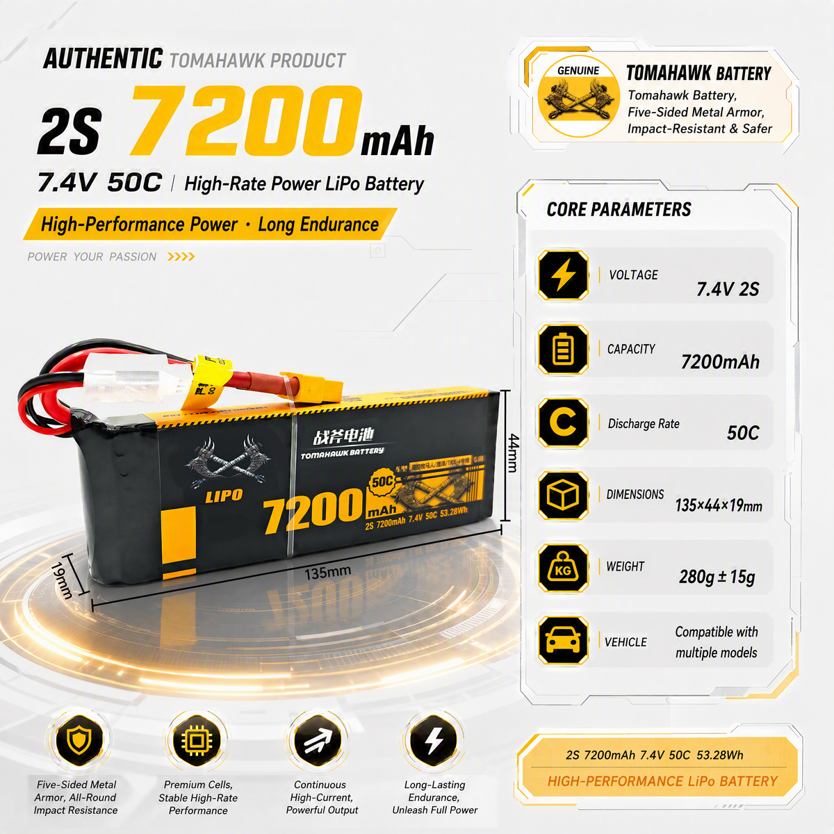 Tomahawk 2S 7200mAh 50C Hard Case LiPo Battery – 7.4V