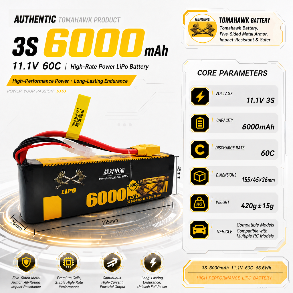 Tomahawk 3S 6000mAh 60C Hard Case LiPo Battery – 11.1V