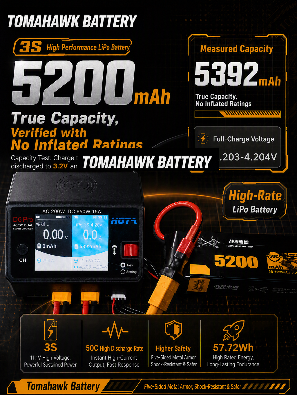 Tomahawk 3S 5200mAh 50C Hard Case LiPo Battery – 11.1V