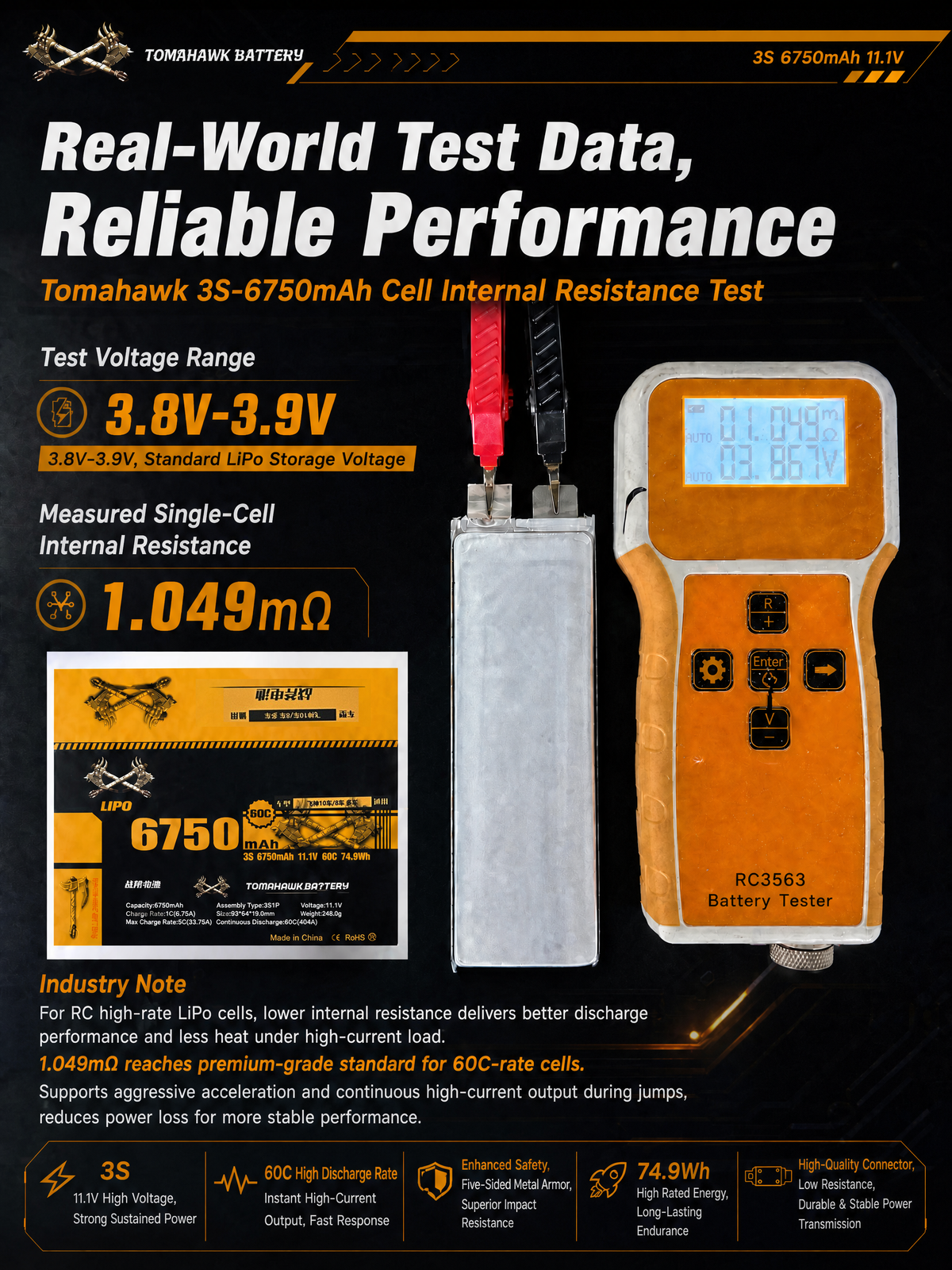 Tomahawk 3S 6750mAh 60C Hard Case LiPo Battery – 11.1V