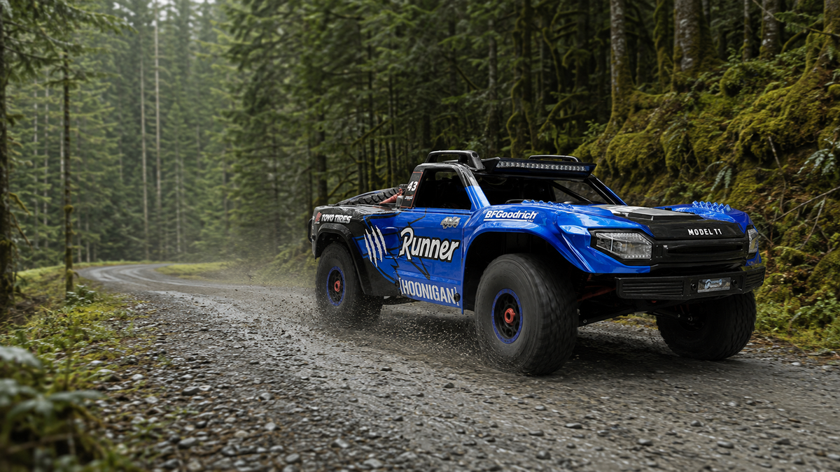 Blue Model TT on a forest gravel road