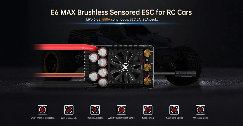 XC-ESC E6 MAX 550A Brushless ESC for 1/7 1/6 RC Cars with Bluetooth APP Control & Adjustable BEC 3-8S LiPo