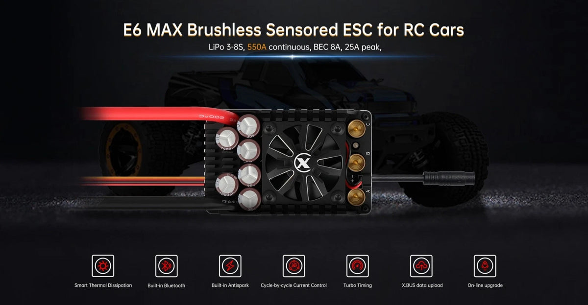XC-ESC E6 MAX 550A Brushless ESC for 1/7 1/6 RC Cars with Bluetooth APP Control & Adjustable BEC 3-8S LiPo