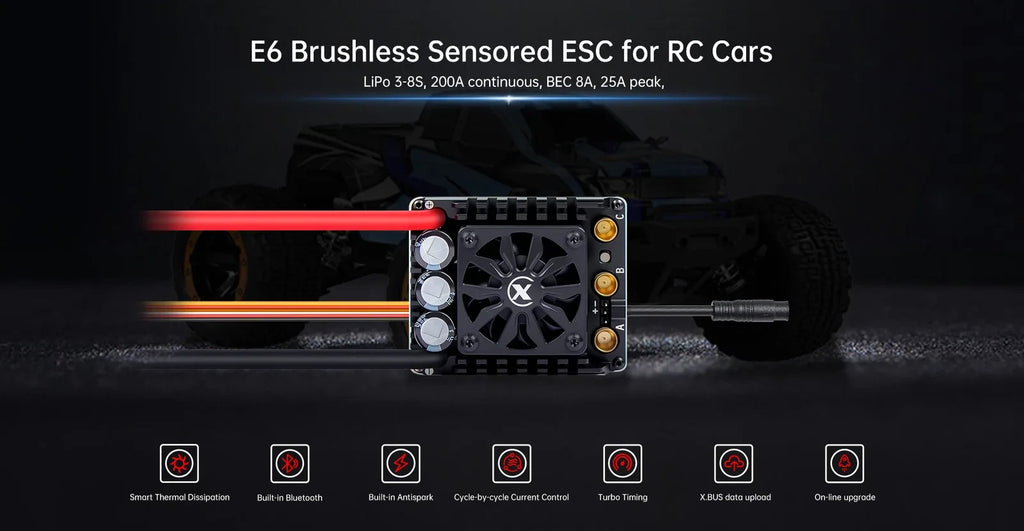 XC-ESC E6 200A Brushless ESC for 1/6 RC Cars 3-8S LiPo with Bluetooth App Control & Adjustable BEC