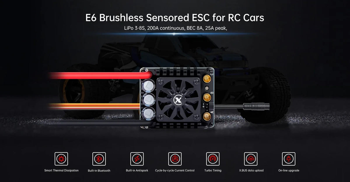 XC-ESC E6 200A Brushless ESC for 1/6 RC Cars 3-8S LiPo with Bluetooth App Control & Adjustable BEC