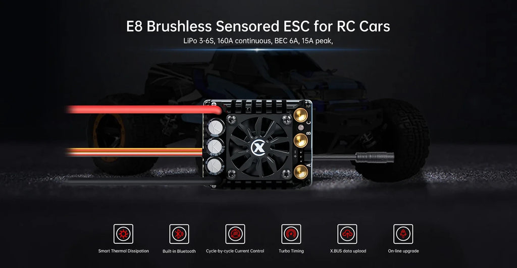 XC-ESC E8 160A Brushless ESC for 1/8 RC Cars 3-6S LiPo with Bluetooth App Tuning & Adjustable BEC
