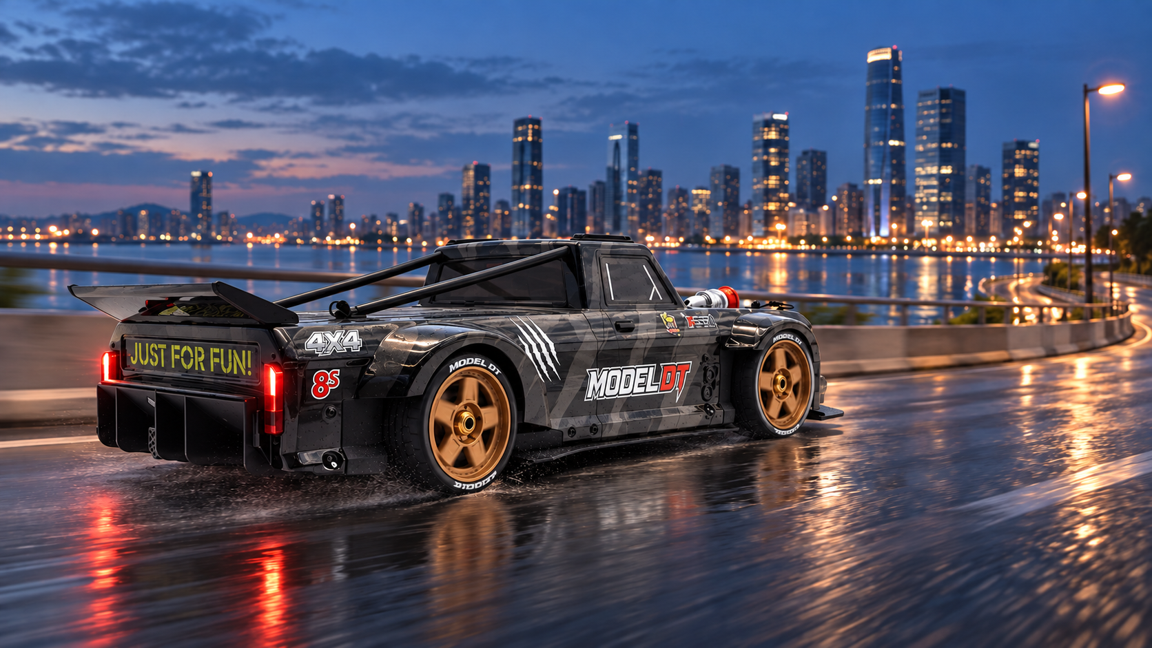 Black Model DT 1/7 RC vehicle on a wet city road