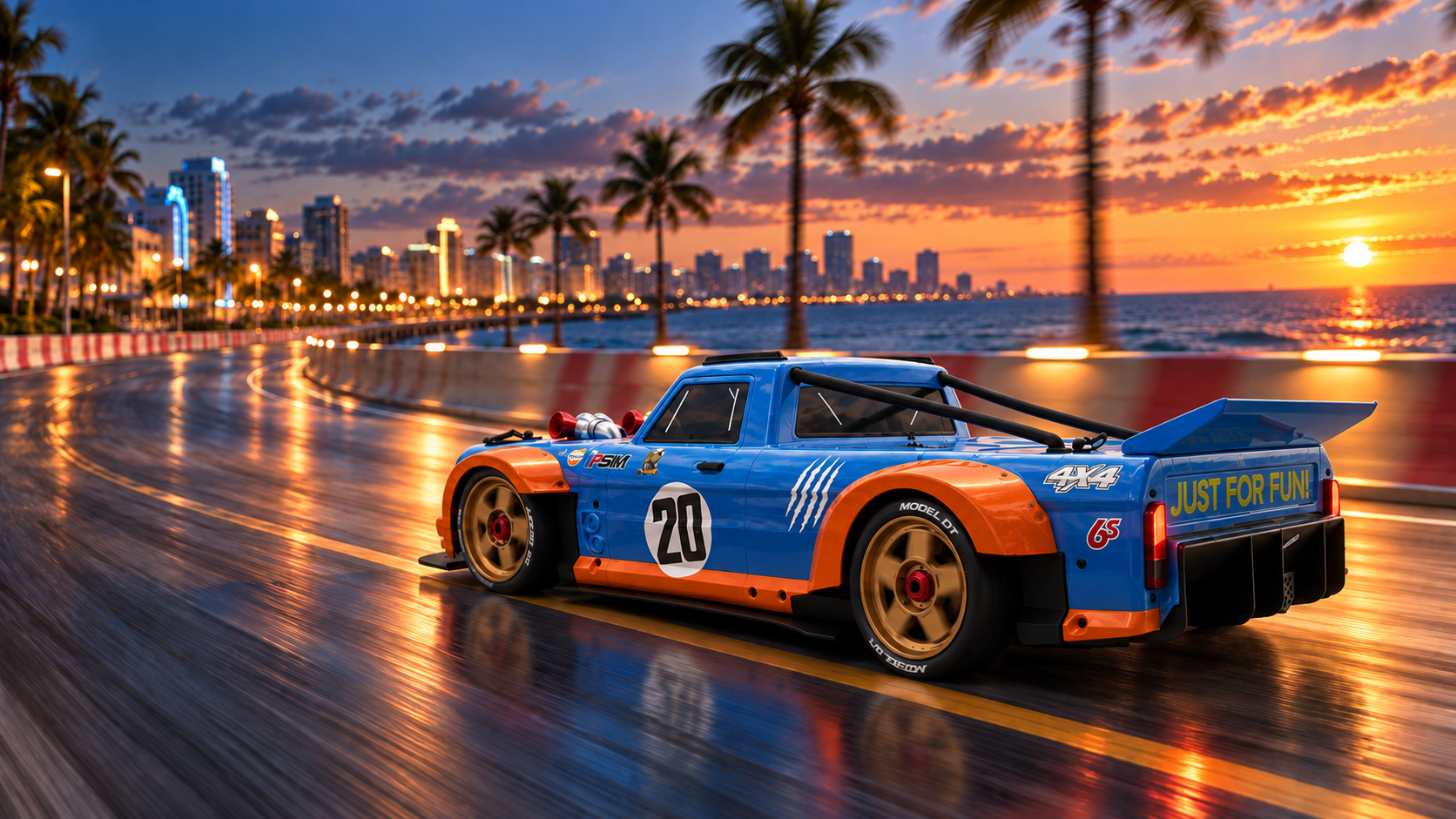 Orange-blue Model DT on a coastal road at sunset