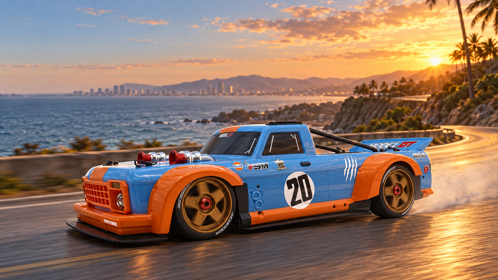 Orange Blue Model DT on a coastal road at sunset