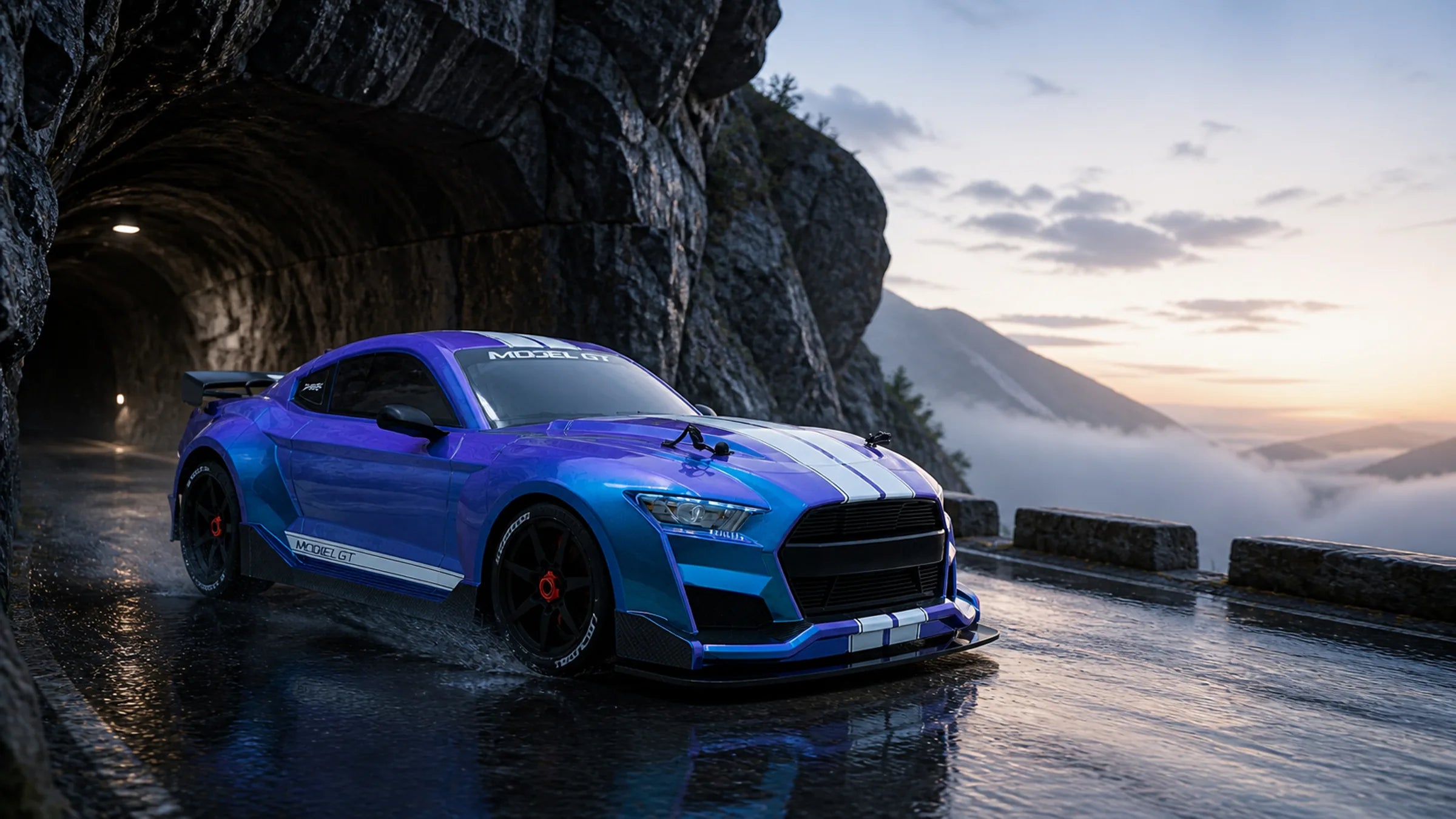 Purple-blue Model GT 1/7 RC vehicle on a wet mountain road