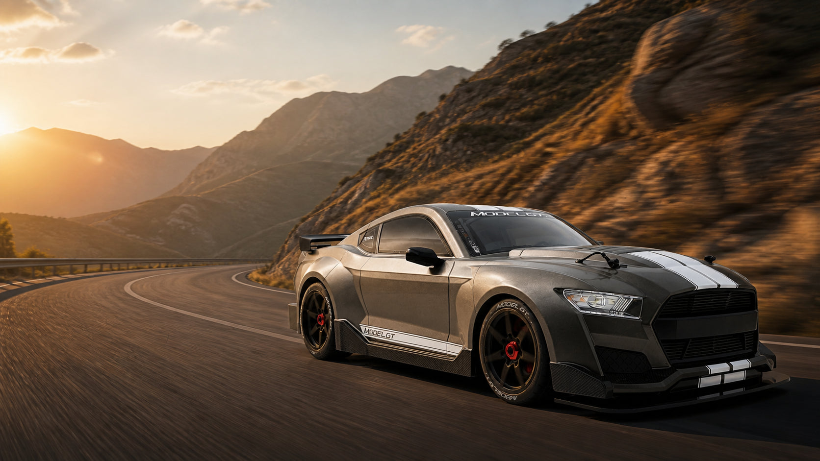 Grey Model GT on a paved mountain road at golden hour