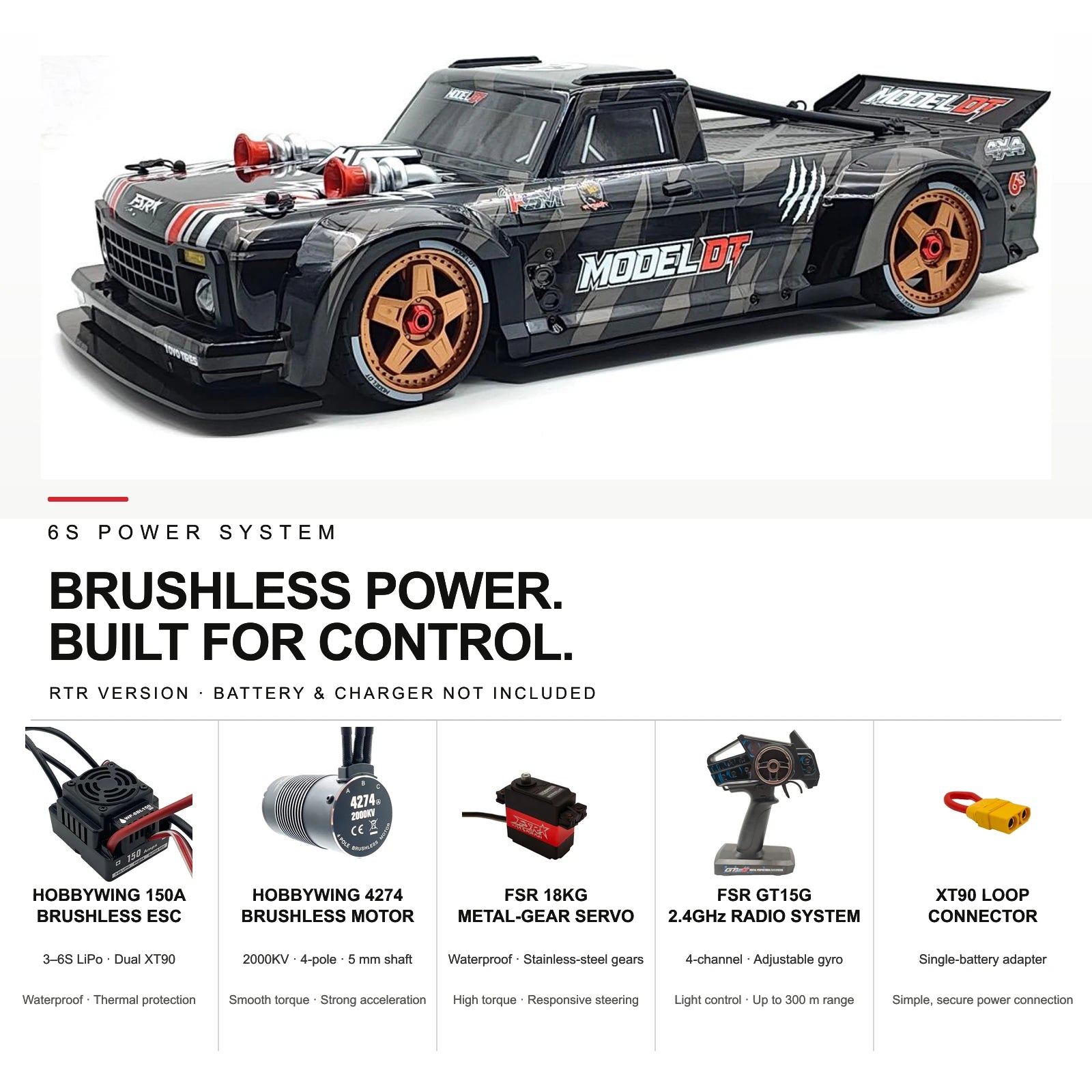 Black Model DT 6S RTR vehicle with 150A ESC, 4274 motor, 18 kg servo, GT15G radio and XT90 loop connector